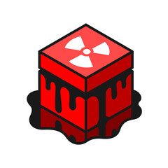 A red cube box with a nuclear symbol on it is leaking a black liquid on the ground. Representing danger and caution.