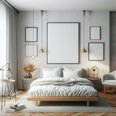 Bedroom sets have template mockup poster empty white with Bedroom interior and a chair image photo lively card design.