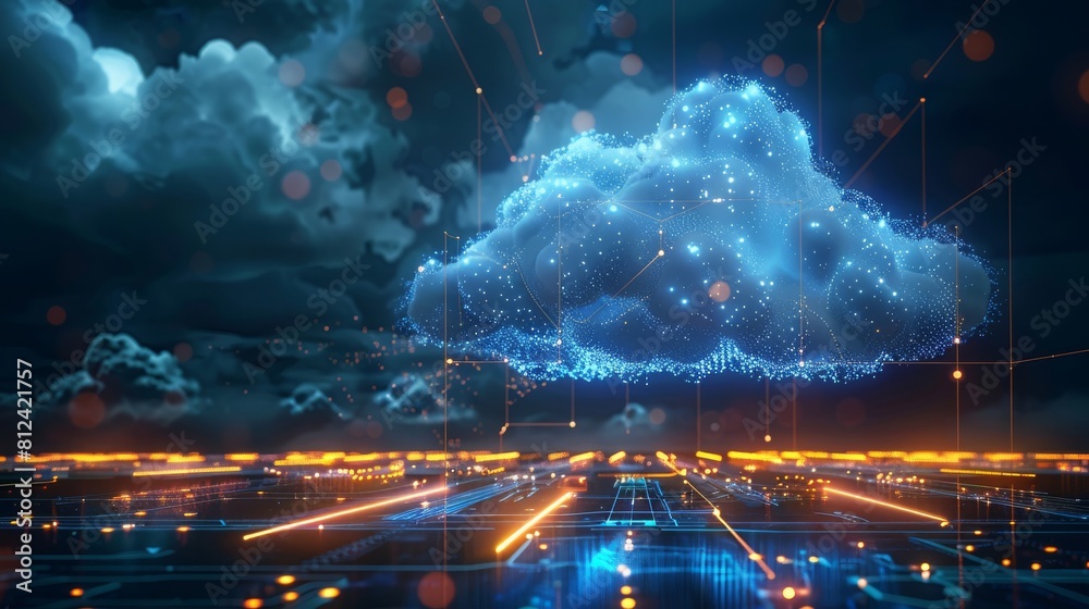 Aufkleber A cloud computing technology, a large glowing blue cloud composed of interconnected lines and polygons, with several beams of light connecting it to small circular platforms on a grid. Generative AI.