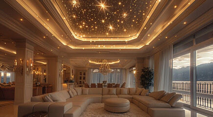 Naklejka premium A ceiling starry ceiling, overall light luxury, large living room with sofa and chandelier, future style gorgeous, white and beige, surface decoration subtle, villa. Generative AI.