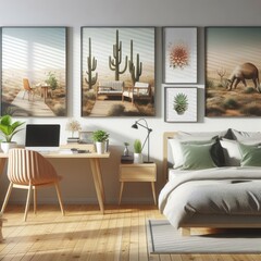 Bedroom sets have template mockup poster empty white with Bedroom interior and a desk and pictures of camels art photo photo attractive lively.
