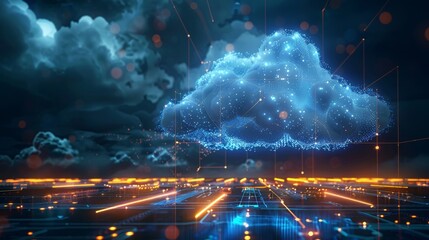 A cloud computing technology, a large glowing blue cloud composed of interconnected lines and polygons, with several beams of light connecting it to small circular platforms on a grid. Generative AI.
