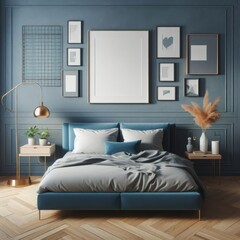 Bedroom sets have template mockup poster empty white with Bedroom interior and a picture frame image art photo has illustrative meaning used for printing.