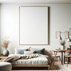 Bedroom sets have template mockup poster empty white with Bedroom interior and a table image art realistic photo.