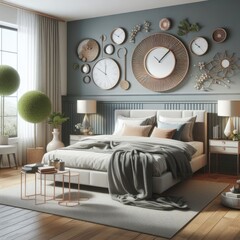 Bedroom sets have template mockup poster empty white with Bedroom interior and clocks on the wall image art realistic photo attractive.