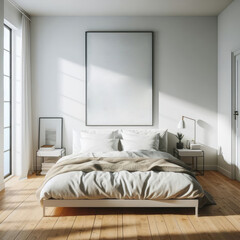 Bedroom sets have template mockup poster empty white with Bedroom interior and desk and pictures on the wall art realistic photo harmony used for printing.