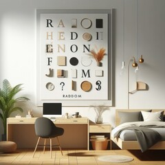 Bedroom sets have template mockup poster empty white with Bedroom interior and desk art realistic photo harmony.