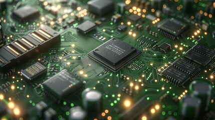 A highangle shot of a green circuit board with white electrical paths, symbolizing clean technology