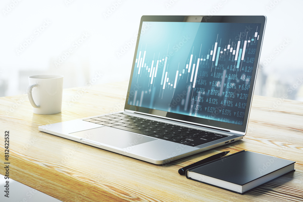 Poster Modern computer display with abstract financial graph, financial and trading concept. 3D Rendering