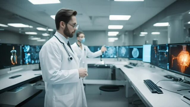 The futuristic doctor's lab room is filled with virtual screens, medicine reimagined.