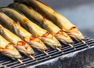 Catfish is grilled on skewers over coals