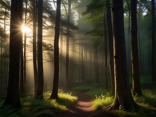 Naklejka premium A beautiful forest landscape with sunlight streaming through the trees