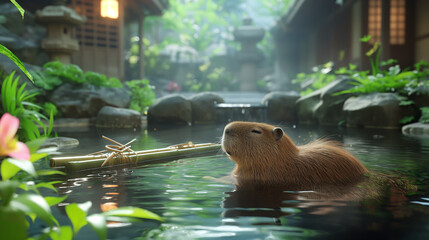 capybara lounging in a lush onsen, surrounded by vibrant greenery and serene water, embodying the epitome of relaxation
