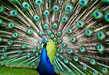 Obraz premium Regal Elegance: Magnificent Blue Peacock with Vibrant Open Feathers