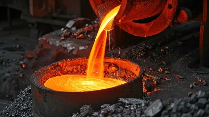 Cast iron process, liquid molten metal pouring in ladle