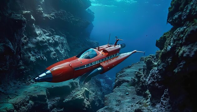 A hightech submarine designed for deepsea plastic removal, shown near an underwater volcanic area