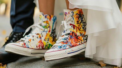 Close-up of bride and groom's feet in personalized graffiti sneakers - Powered by Adobe