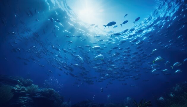 Groups of giant Tuna fish in the underwater, coral reef, amazing underwater life, various fish and exotic coral reefs, ocean wild creatures background