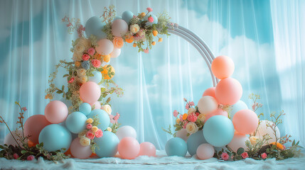 Flower arch decorated with balloons, baby shower or birthday party