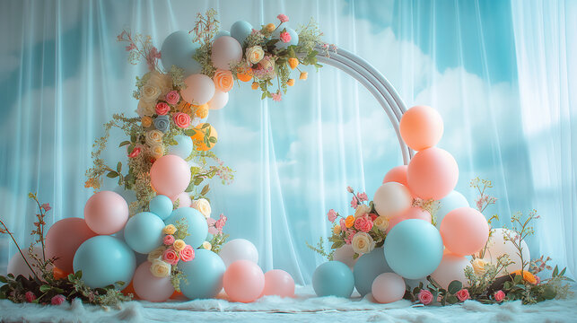 Flower arch decorated with balloons, baby shower or birthday party