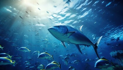 Obraz premium Groups of giant Tuna fish in the underwater, coral reef, amazing underwater life, various fish and exotic coral reefs, ocean wild creatures background