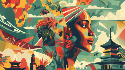 Vibrant abstract artwork featuring a woman's profile, cultural landmarks, tropical foliage, and a colorful world map background.