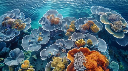 A vibrant coral reef from above, where the natural forms and colors abstractly recall cow skin...