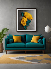 Vibrant yellow pillows against grey stucco or concrete wall with modern art. 