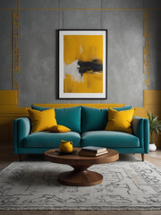 Vibrant yellow pillows against grey stucco or concrete wall with modern art. 