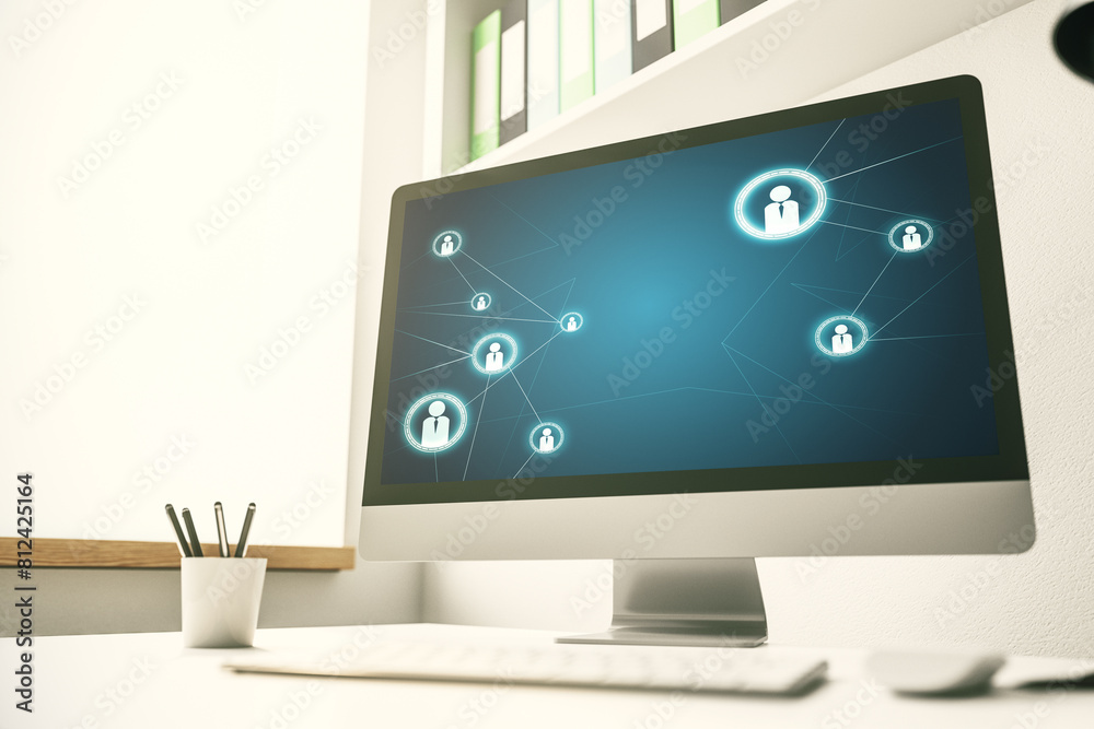 Poster social network concept on modern laptop screen. 3d rendering