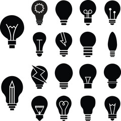 Black Light Bulb icons Set. Idea signs, solution, thinking concept. Trendy Fill styles for graphic designs. Lighting Electric lamps. Electricity, shines isolated on transparent background.