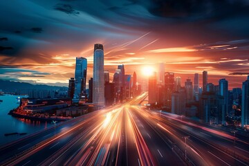 Fototapeta premium Skyline during sunset flat design front view, evening city theme, animation, Complementary Color Scheme