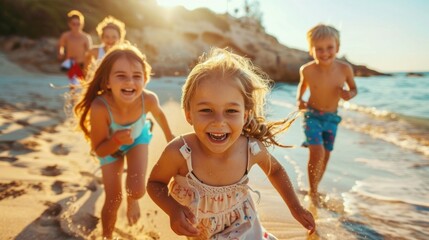 Excited little children smiling happily while running together on beach sand.