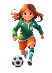 Football girl in green team shirt and orange shorts, AI generative