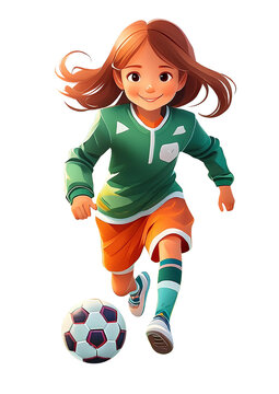 Football girl in green team shirt and orange shorts, AI generative