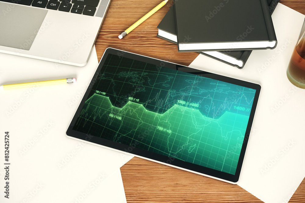 Fototapete stats data illustration on modern digital tablet monitor, computing and analytics concept. top view.