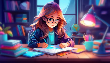 A student doing her homeworks on the tables in electric light, AI generative
