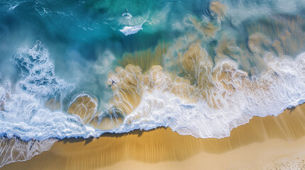 Aerial view of white waves on sand beach in sunlight, AI generative
