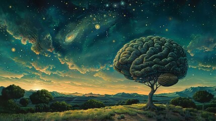 A magical realism painting of a brain rooted like a tree in a lush, gearfilled meadow under a starlit sky