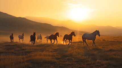 Flock of horse running alone in grass field in sunset light, AI generative