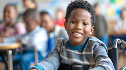 a of education in a inclusive happy diverse classroom with disability child boy young american professional school smiling in teaching black the wheelchair african disabled children portrait - Powered by Adobe