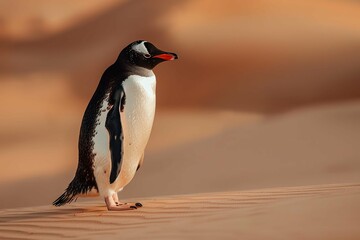 Fototapeta premium penguin on the beach, curious penguin in the desert, penguin on the sand