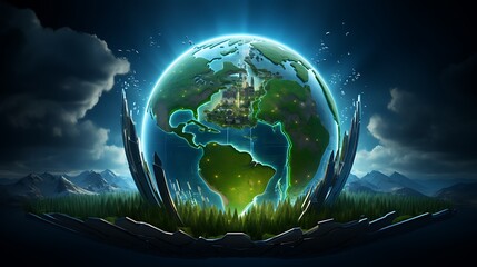 A digital painting of Earth surrounded by a shield of renewable energy sources for Earth Day.