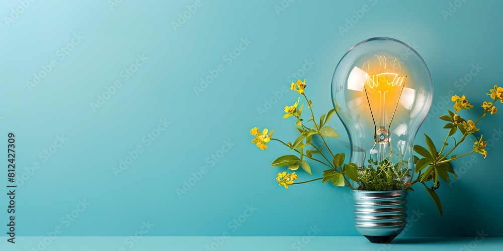 Sticker Sustainable Business Practices and Achievements Concept with Glowing Light Bulb and Flowers description This image depicts a creative and sustainable