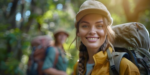 Smiling Female Adventurer Promotes Environmental Conservation Through Outdoor and Motivational Experiences