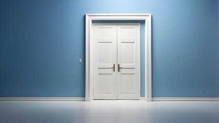 White closed door with reflective floor and blue wall.