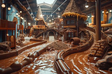 A mockup of a chocolate theme park with roller coasters and rides made from cocoa