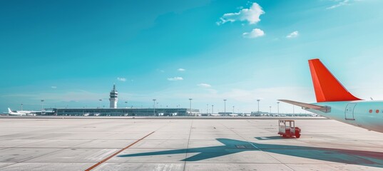 Airplane tail ready for adventure at busy airport under clear blue sky, promising distant journeys