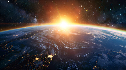 Fototapeta premium Earth's surface at dawn as seen from space