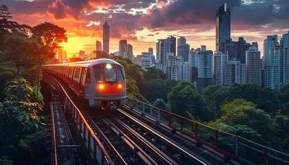 Fototapeta premium Represent a subway train emerging from a tunnel into an aboveground track, with a scenic cityscape in the background